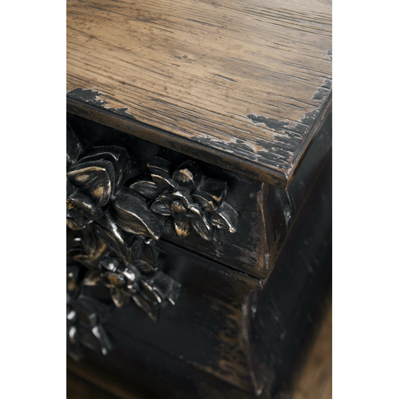 Black Distressed Three-Drawer Chest with Floral Accents