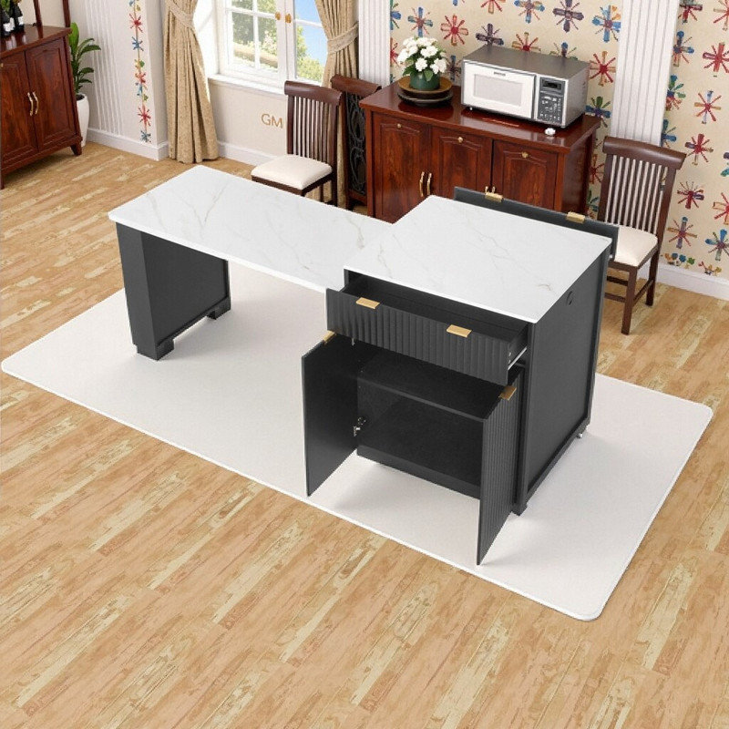 82.6" Extendable Kitchen Island Table With Power Outlet Double-Side Storage Faux Marble Top And Fluted Panel For 4-6 Seating