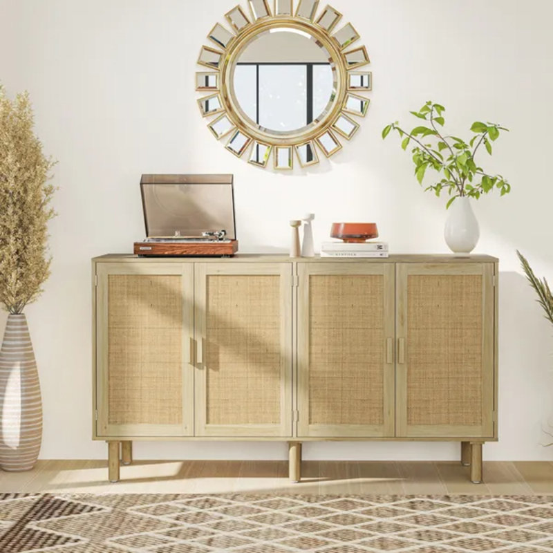 Buffet Bohemian, armoire de 62,2 po avec 4 portes en rotin et tablettes pour le salon, couloir, naturel
