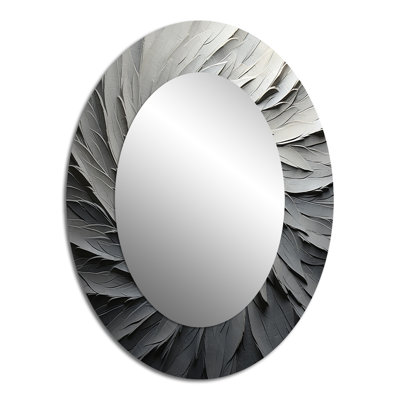 Grey Beige Meditative Movement II - Gray Modern Oval Wall Mirror