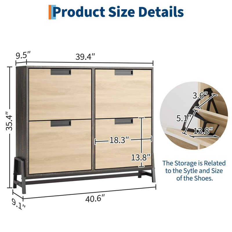 Armoire à chaussures étroite avec 4 tiroirs rabattables, rangement pour chaussures autoportant avec tablettes réglables et pieds en métal