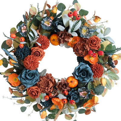 Couronne d'automne avec hortensias bleus et oranges, roses, citrouilles et baies, couronne florale d'automne fabriquée à la main pour la porte d'entrée, porche, décoration intérieure et extérieure, fêtes de l'Action de grâce et des récoltes