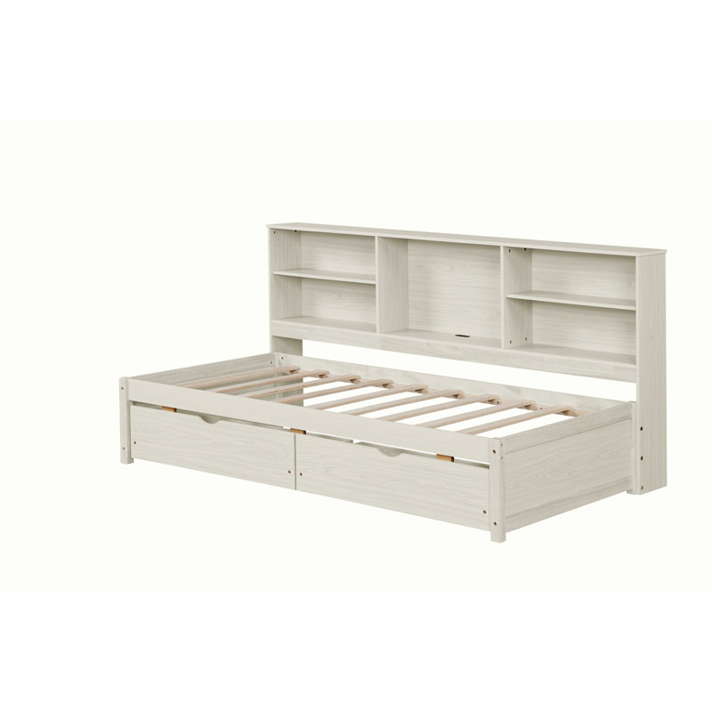 Bed Frame With Side Bookshelves, Two Drawers, And Built-in USB Port, Twin