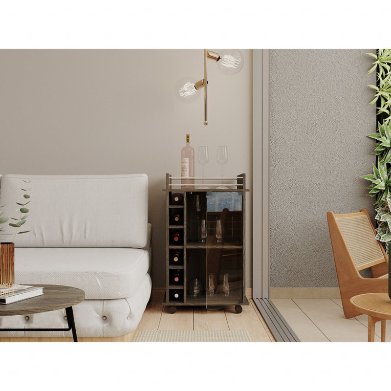 Chariot-bar, porte en verre, quatre roulettes, deux tablettes, Brun