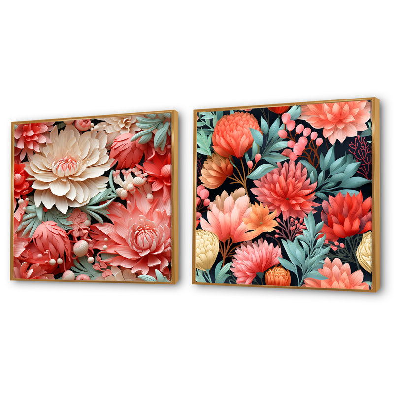 Lasone - Ensemble de 2 collages floraux carrés, Cadre flottant doré, H 36 po x l 73 po