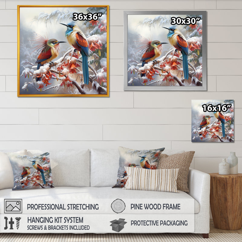 Oiseaux de paradis en hiver I - animaux, reproduction d'art mural, H 16 po x l 16 po, Toile tendue