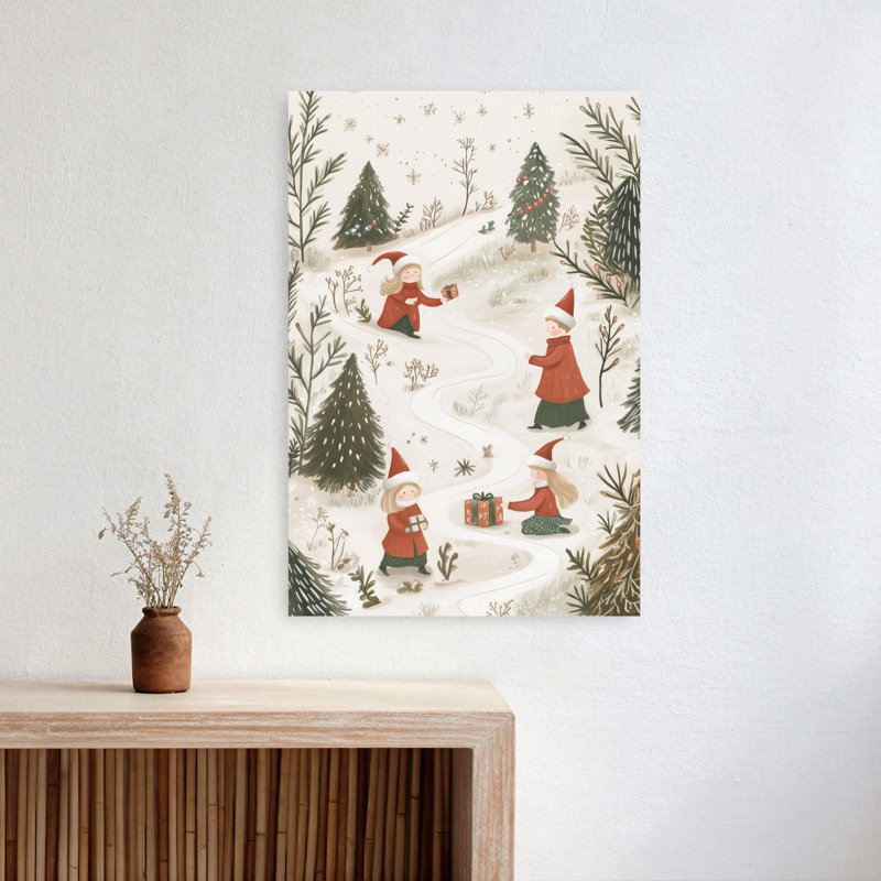 Hiver, échange de cadeaux, arbre de Noël contemporain, pin, forêt, impression d'art mural, H 24 po x l 16 po