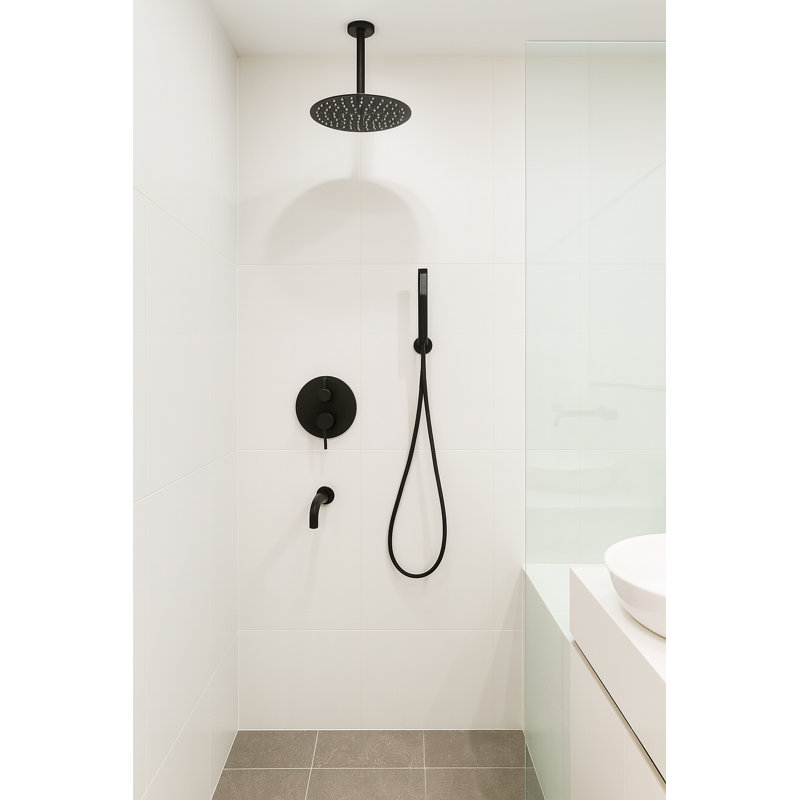 Juno New Matte Black Ceiling Mount Round Shower Head with Black Tub Spout