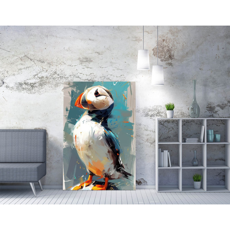 Cool Puffin Impressionist Style Canvas Wall Art Print Picture | Coastal Wildlife Artwork, 30.48 cm H x 20.32 cm W