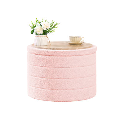 Collapsible Storage Ottoman Round with Tray Teddy Fabric Living Room Bedroom Ottoman with Storage