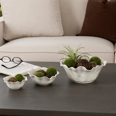 Bol décoratif à volants festonnés - Bols décoratifs boho modernes pour la maison ou le salon - ensemble de 3, 13 po, 11 po, 8 po, ivoire et brun clair