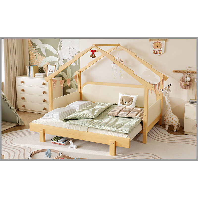 Lit simple en bois dans une cabane dans un arbre avec rails à coussin souple, pour enfants, adolescents, filles, garçons
