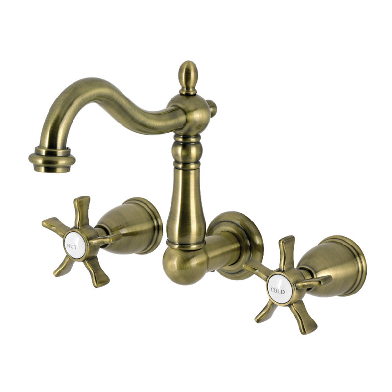 Kingston Brass Hamilton Double-Handle 3-Hole Wall Mount Bathroom Faucet, Antique Brass