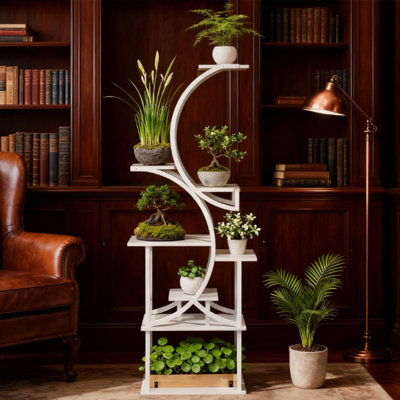Support pour plante d'intérieur de 61,6 po de hauteur, étagère en métal à 8 niveaux en forme de S, support d'angle pour plantes multiples, pour la maison et le bureau, blanc