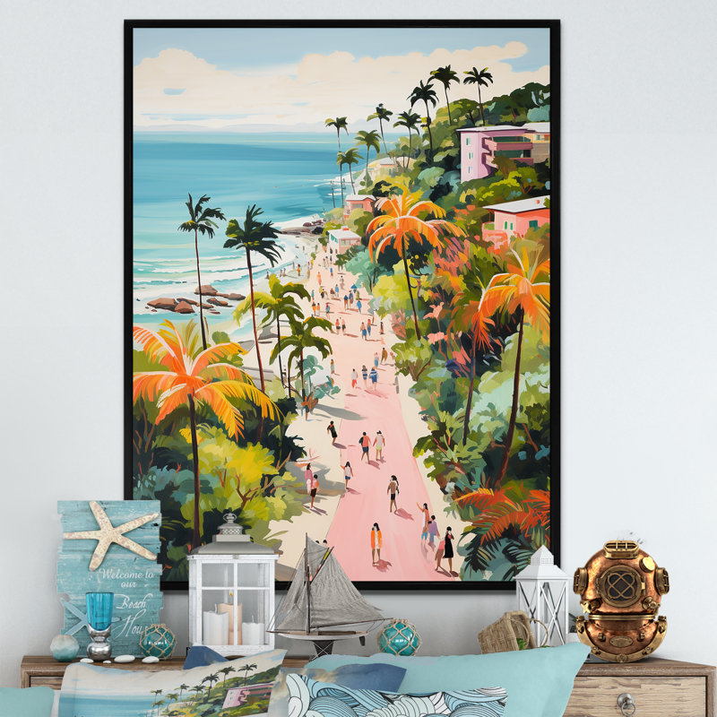 Scène de plage côtière, paradis en couleur pastel II - art de la plage côtière, Cadre flottant noir