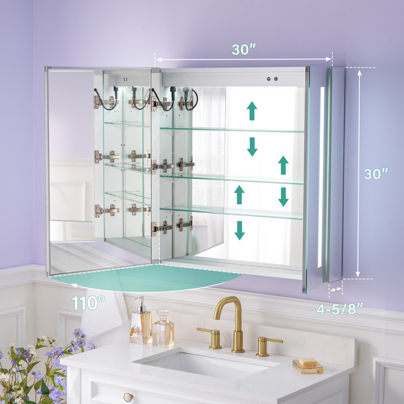 Armoire de salle de bain à miroir encastrée ou à surface pour salle de bain avec tablettes réglables et désembueur