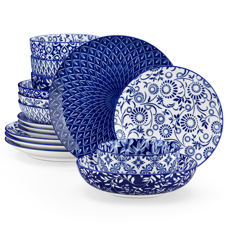 Selene 16 Piece Porcelain Dinnerware Set, Service For 4, Blue