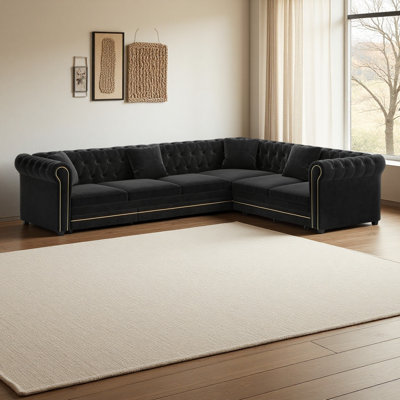 115.3" L-Shaped Sofa Couch with Pull-Out Bed, Oversize Convertible Sleeper, Velvet Button Tufted Couch, Trim Rolled Arms