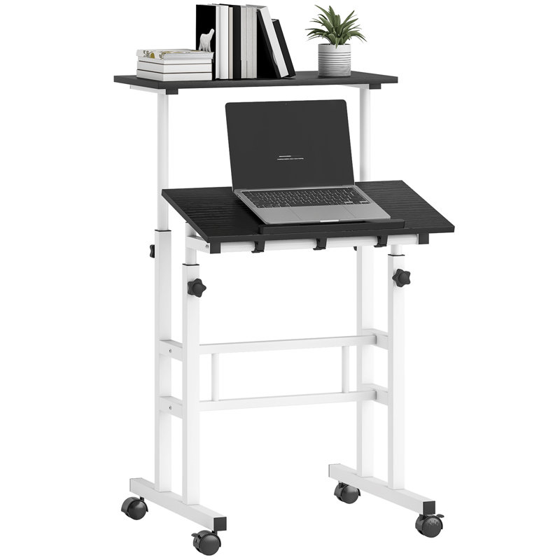Bureau mobile mobile, bureau d'ordinateur à hauteur réglable, noir, Noir / blanc