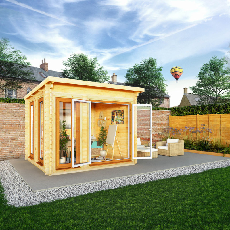 Mercia 10ft x 10ft Studio Pent Log Cabin With UPVC Windows & Doors (44mm), Oak/Natural Timber
