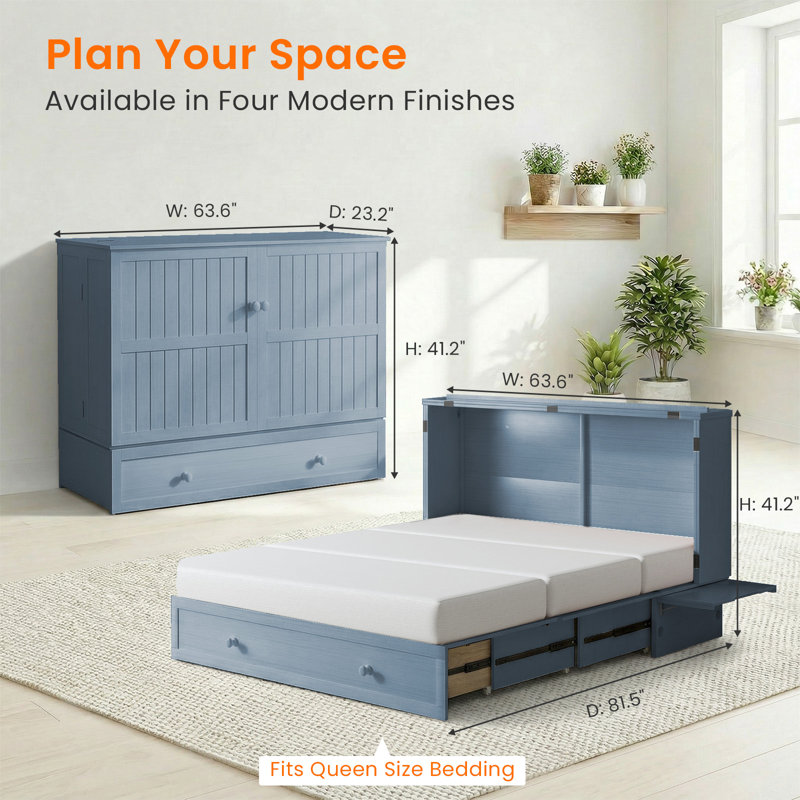 Grand lit escamotable avec tiroirs de rangement et station de charge, Bleu