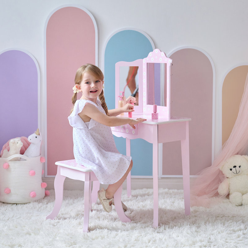 Teamson Kids Hearts Gisele Wood Vanity With Tri-Fold Mirror & Drawer, Pink
