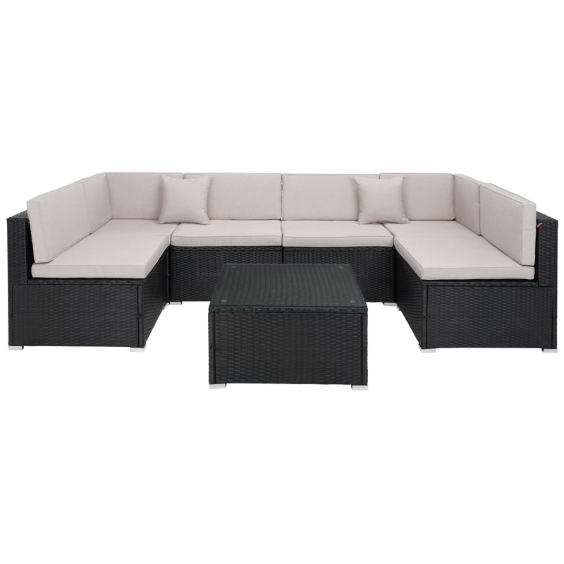 Ensemble de conversation modulaire en rotin 7 pièces avec coussins Azrien, Structure noir / coussin gris clair