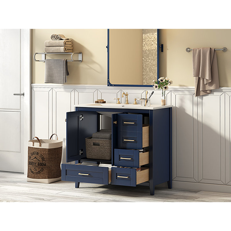 Ensemble de meuble-lavabo 36 po avec lavabo 36 po, armoire de salle de bain moderne à 4 tiroirs, ensemble de meuble-lavabo autoportant en bois avec pieds en bois massif, bleu