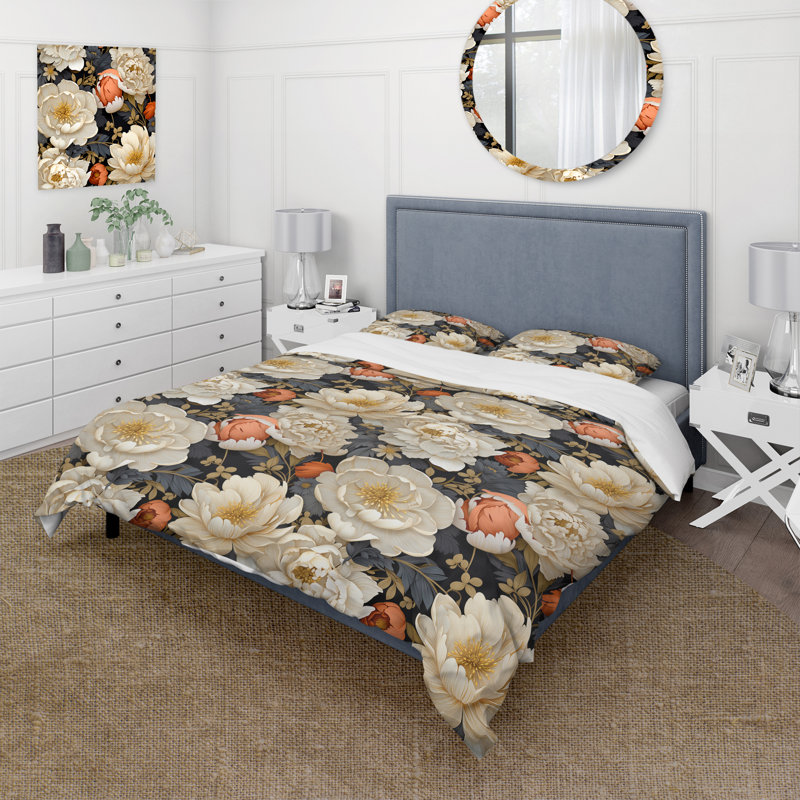 Ensemble de housse de couette White Peony Paradise, Housse de couette simple + 1 taie décorative stan
