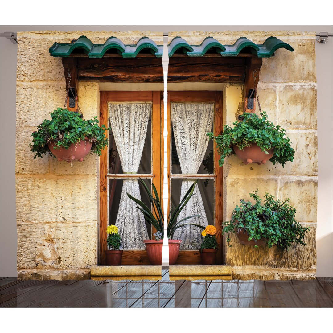 Rustikaler Vorhang, Altes Fenster und Blumen, Rustikal, Beige Grün