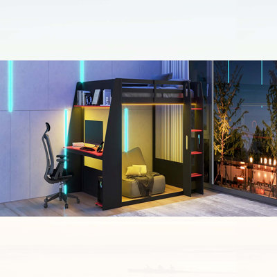 Lit superposé double en bois pleine grandeur avec bureau, deux tablettes de rangement, lumière USB et DEL pour une expérience de jeu ultime
