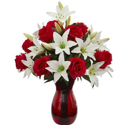 Arrangement floral artificiel lilies et roses en vase
