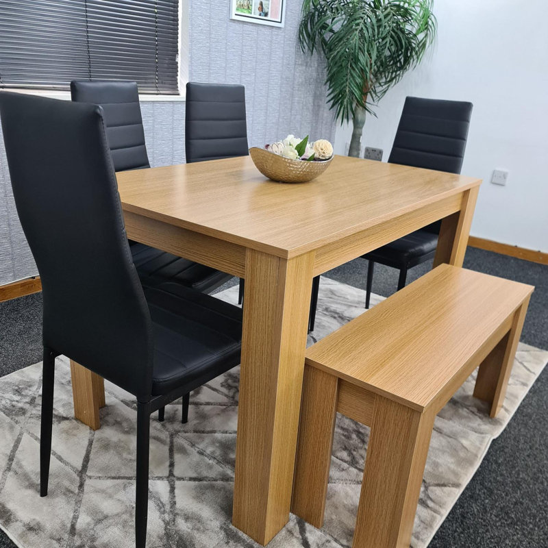 Light Wood Dining Table Set with Metal Chairs and Bench, Black