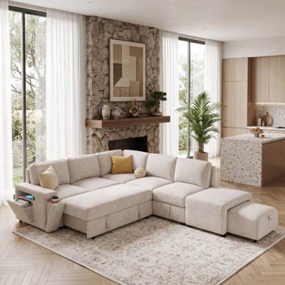 Divan-lit modulaire en L coulissant avec rangement, USB, porte-gobelet
