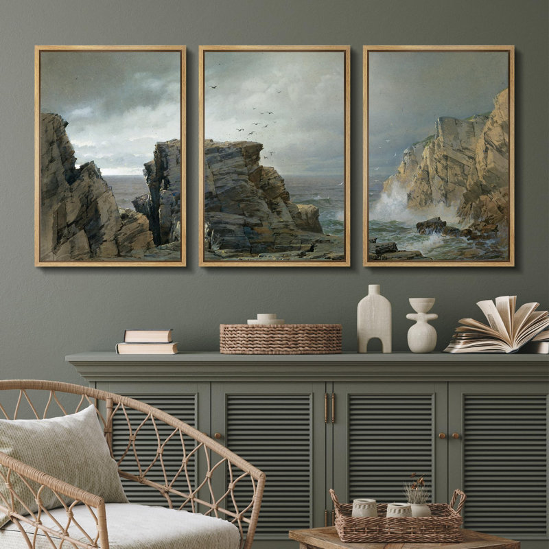 «Coastal Cliff Seascapes With Crashing Waves Nature Landscape Vintage Classic Rustic Art Decor», 3 pièces, Naturel