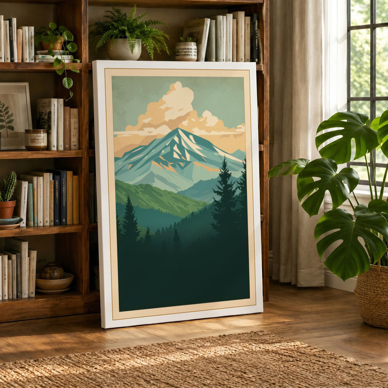 Snow-Capped Mountain Japandi 1 Piece Wrapped Canvas Wall Art, 30x20 - 76.2 x 50.8 cm, Terracotta Border
