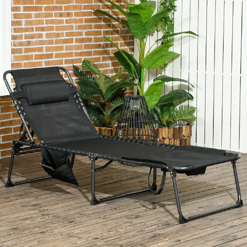 1Pc Adult Folding Chaise Lounge Chair With 5-Level Reclining Back, Steel Frame, Portable Outdoor Tanning Chair With Face Hole, Side Pocket & Headrest For Beach, Yard, Patio - Black