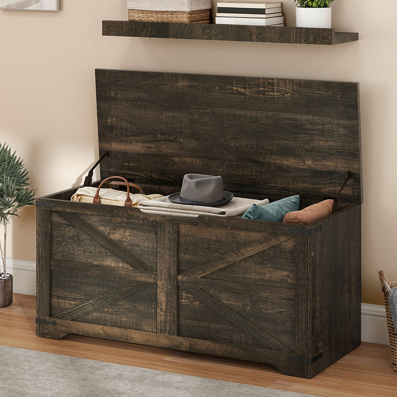 Coffre de coffre de rangement en bois de style campagnard avec charnière de sécurité pour salon d'entrée de chambre à coucher