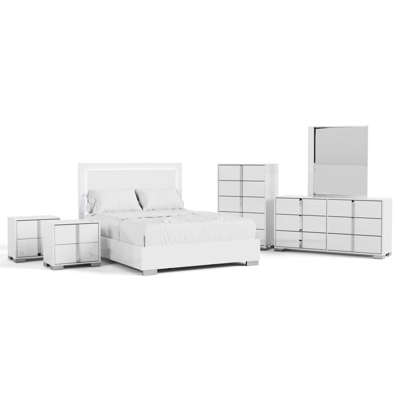 Ensemble de chambre Duckworth, Grand, Blanc, 6 Pcs: Bed, 2 Nightstands, 2 Dressers, Mirror