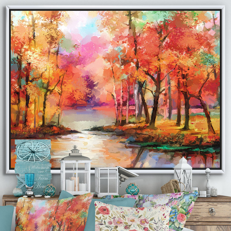 «Autumn Aspen Trees in Red Leaf Forest» par Lake - reproduction d'art sur toile, H 24 po x l 32 po x P 1 po