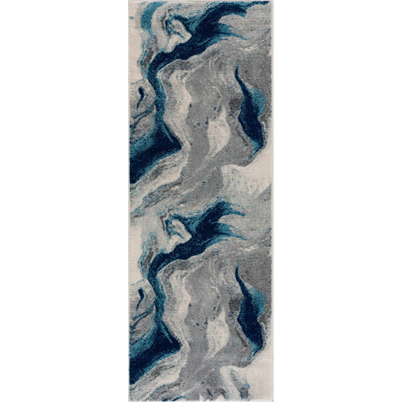 Rectangle Bryian Abstract Power Loomed Polypropylene Area Rug in Blue/Grey/Beige, Runner 2'7" x 7'3"