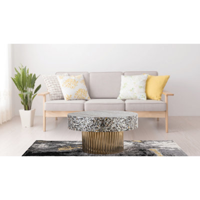 Stainless Steel Base Coffee Table With Mother Of Pearl Top, Brass Finish, Modern Style, 32"X32"X17", 38 Lb Weight Living Room Table, Base, Adorned , 3
