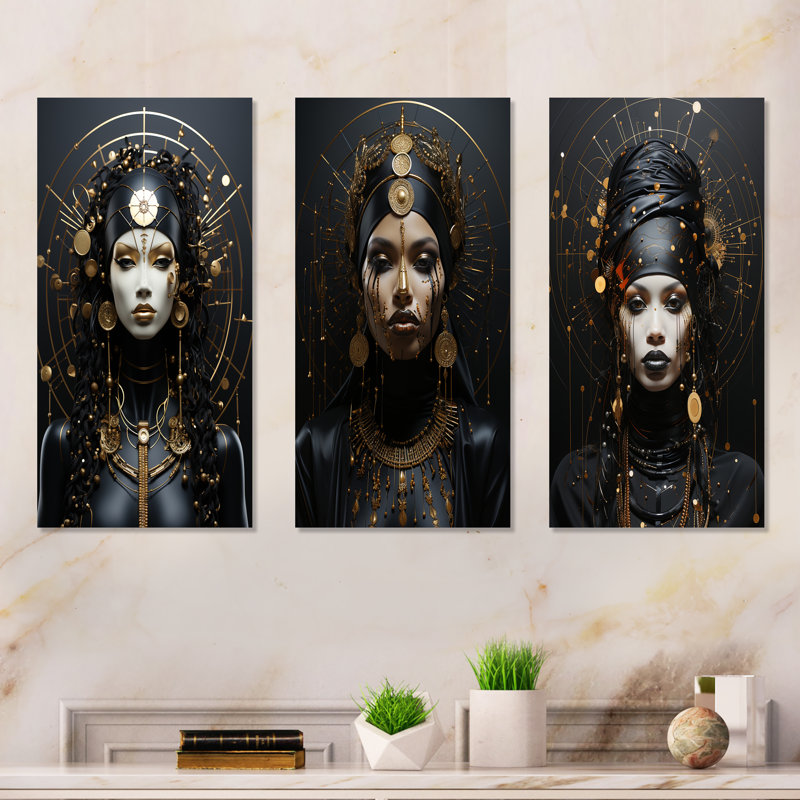Gold And Black Elegance African Beauty I - Woman African Metal Wall Art Prints Set Of 3, 32" H x 48" W
