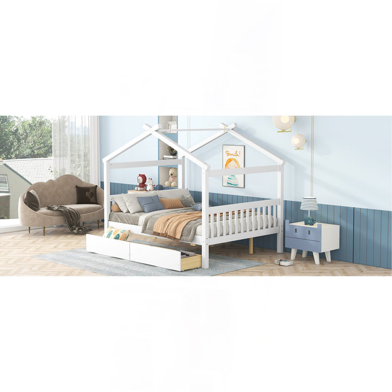 Lit double pleine grandeur en bois avec tiroirs, blanc