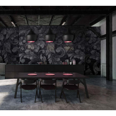 Dark Baroque Floral Wall Mural | Black Ornamental Scroll Wallpaper | Non-Woven or Peel and Stick