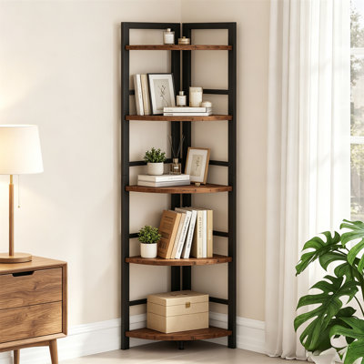 Étagère d'angle à 5 niveaux – Bibliothèque étroite et haute en bois de style industriel, meuble de rangement peu encombrant pour salon, cuisine, bureau à domicile