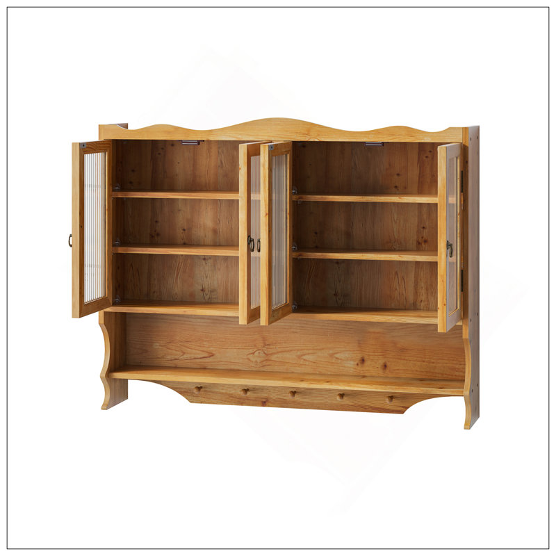 Armoire murale 39,37 "à 4 portes rétro, avec deux niveaux d'espace de rangement et un support à crochets ouverts, convient aux salles de bain, cuisines, salles à manger, naturel