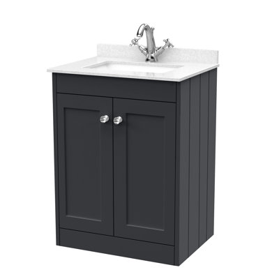 Old London Ashwick Pebble Grey 600mm Floorstanding 2-Door Unit With Marble Top 1 Tap Hole