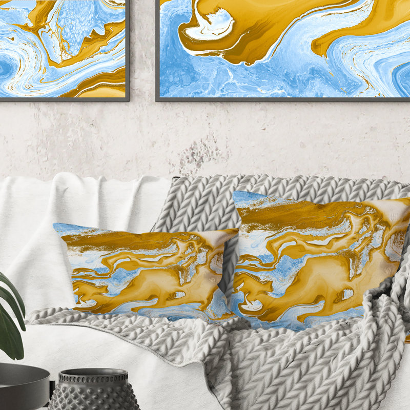 Blue and Gold Marble Waves - Coussin décoratif imprimé moderne, 16 po x 16 po