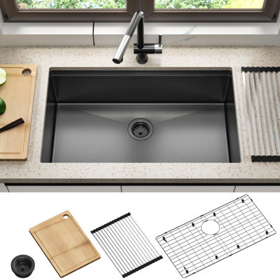 32 Inch Undermount Workstation Kitchen Sink - 16 Gauge Stainless Steel, Honeycomb Pattern PVD Gunmetal Finish, Single Bowl with Cutting Boards and Racks - Dark Gray